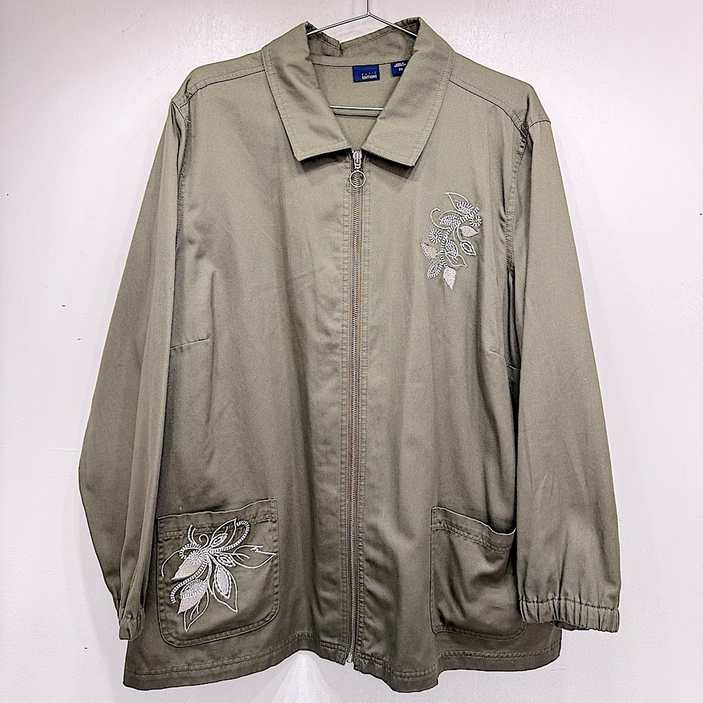 Vintage 90s Kmart Basic Editions Green Embroidered Silver Floral Smock Jacket 3X